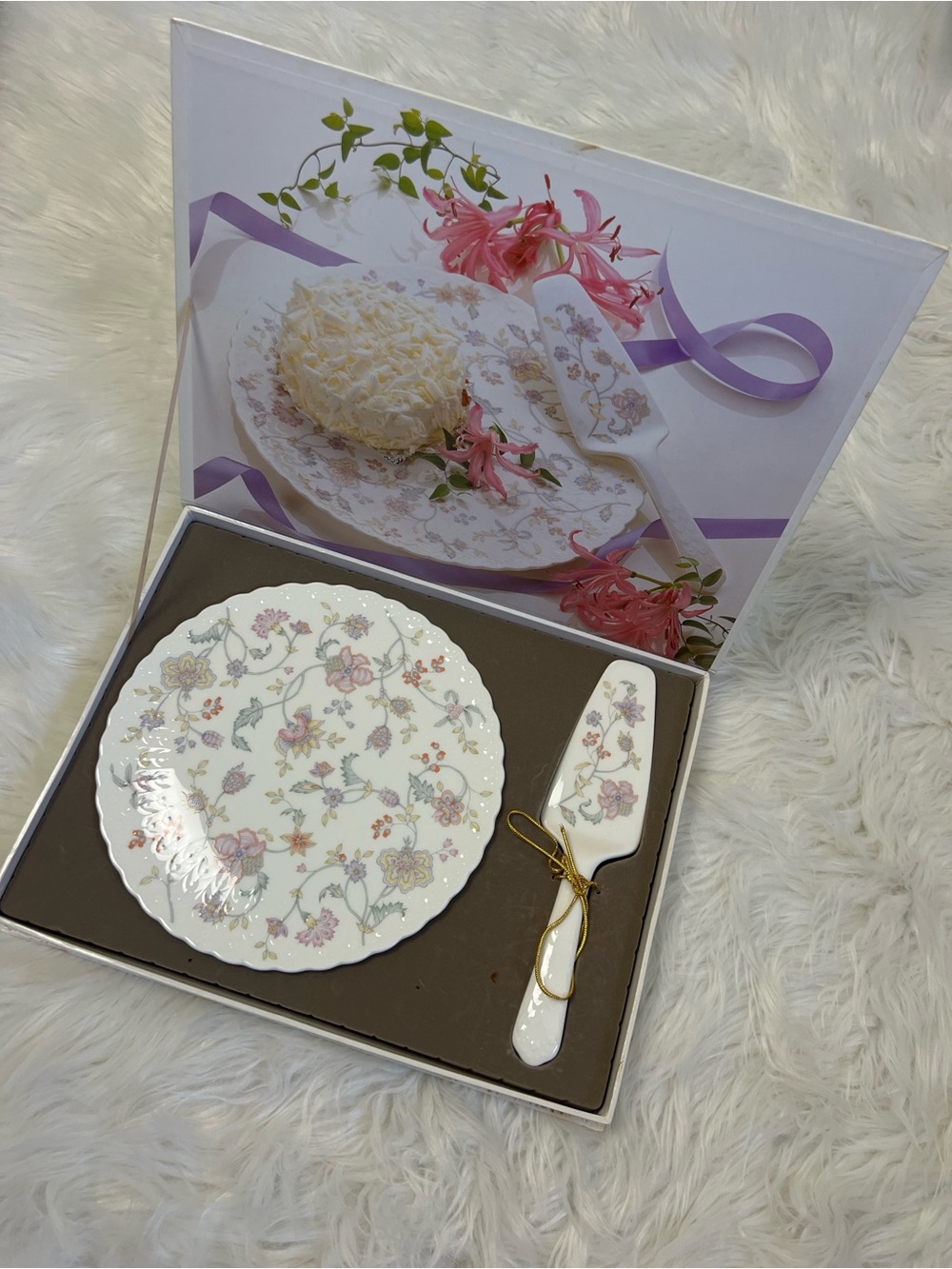 Vintage Narumi Bone China White & Floral Cake Plate and Server Set new in box